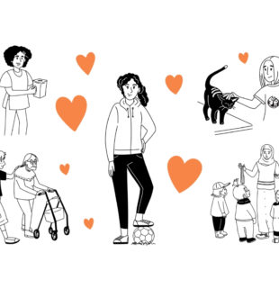 Piirretyssä kuvassa nuoria ja erilaisia vapaaehtoistyön muotoja sekä oransseja sydämiä.