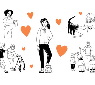 Piirretyssä kuvassa nuoria ja erilaisia vapaaehtoistyön muotoja sekä oransseja sydämiä.