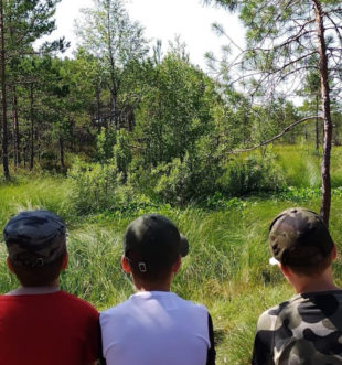 Lapset istuu kesäisen metsän reunalla.