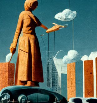 Midjourney-tekoälyn avulla luotu surrealistista tyyliä edustava kuvituskuva, jossa suurikokoinen naishahmo seisoo kaupunkimaiseman yllä ja muotoilee kädessään olevalla työkalulla pilvenhattaraa. Etualalla on futuristisen näköisiä kulkuneuvoja.