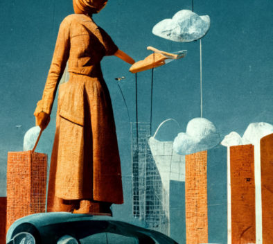 Midjourney-tekoälyn avulla luotu surrealistista tyyliä edustava kuvituskuva, jossa suurikokoinen naishahmo seisoo kaupunkimaiseman yllä ja muotoilee kädessään olevalla työkalulla pilvenhattaraa. Etualalla on futuristisen näköisiä kulkuneuvoja.