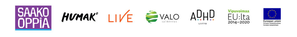 Saako Oppia-hankkeen logot: Humak, Live, VAlo, ADHD ja ESR.