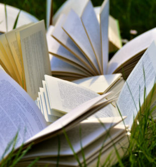 Avonaisia kirjoja nurmikolla.